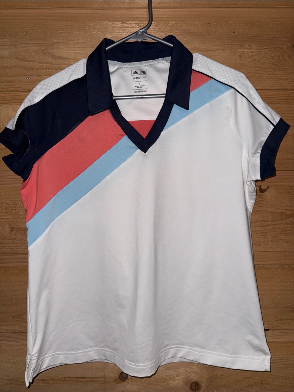 adidas White Polo with Navy Collar and Coral & Light Blue Diagonals